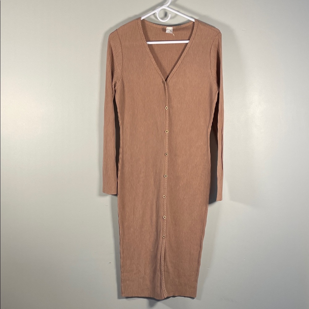 Westmoon Ribbed Tan/Beige V Neck Long Sleeve Button-Down Dress